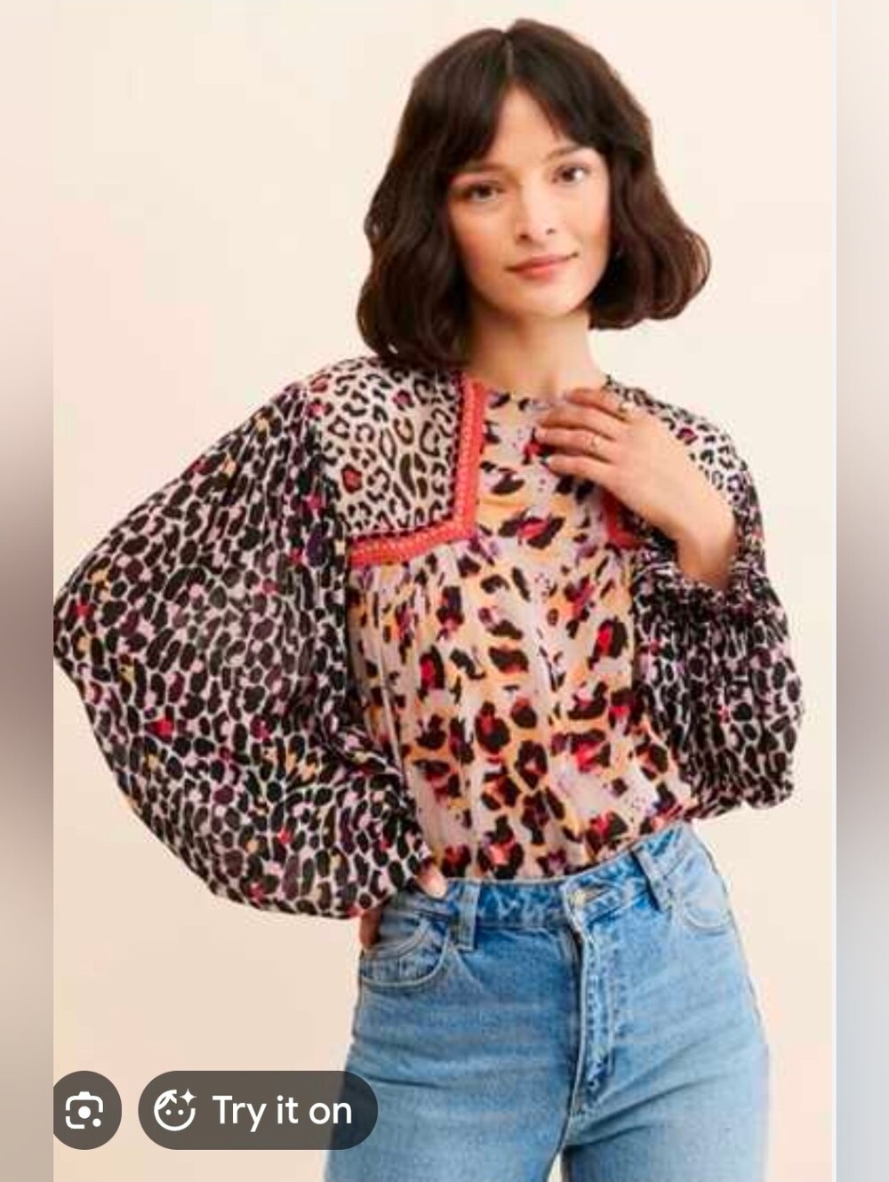 Anthropologie Mixed Leopard-Print Balloon Sleeve Blouse - Pink, Black, Cream
